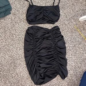 Black Ruched Midi Skirt and top Set- Women